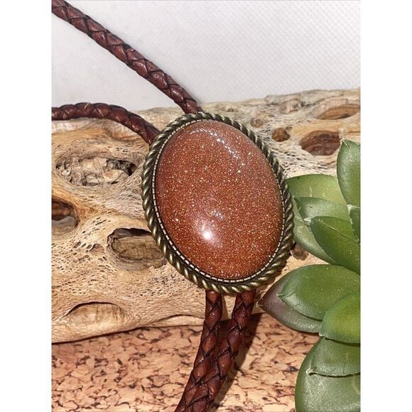 BRONZE Fall copper Gold STARLITE stone Wedding Groom Western Southwest Bolo tie - Picture 2 of 10